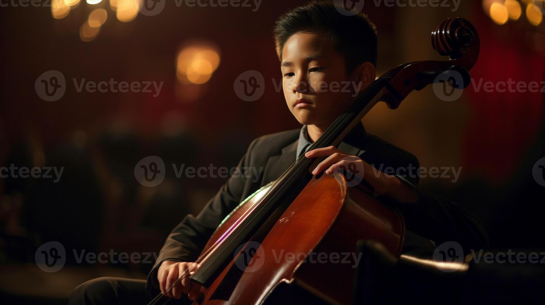 jovem ásia Garoto jogando dele violoncelo às a show corredor debaixo dramático luzes - geração ai. foto