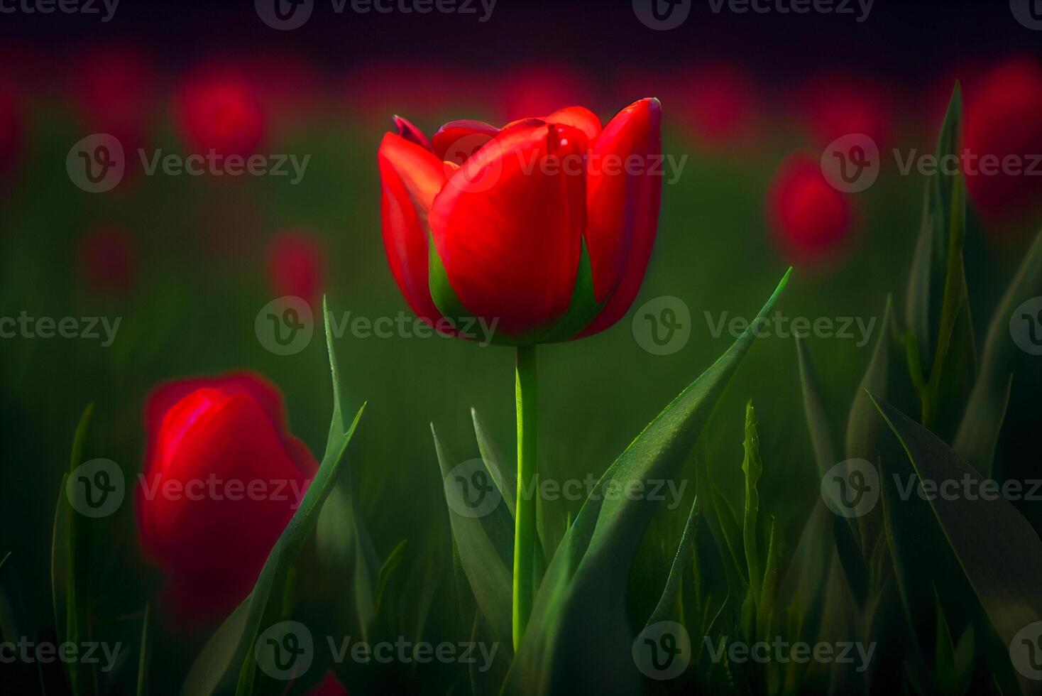 vermelho tulipa flores crescendo dentro a campo - generativo ai. foto