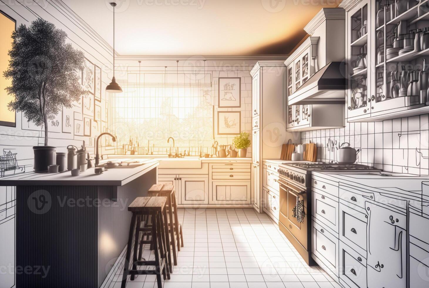 arquitetônico rude exploração desenhando do uma personalizadas cozinha interior - generativo ai. foto