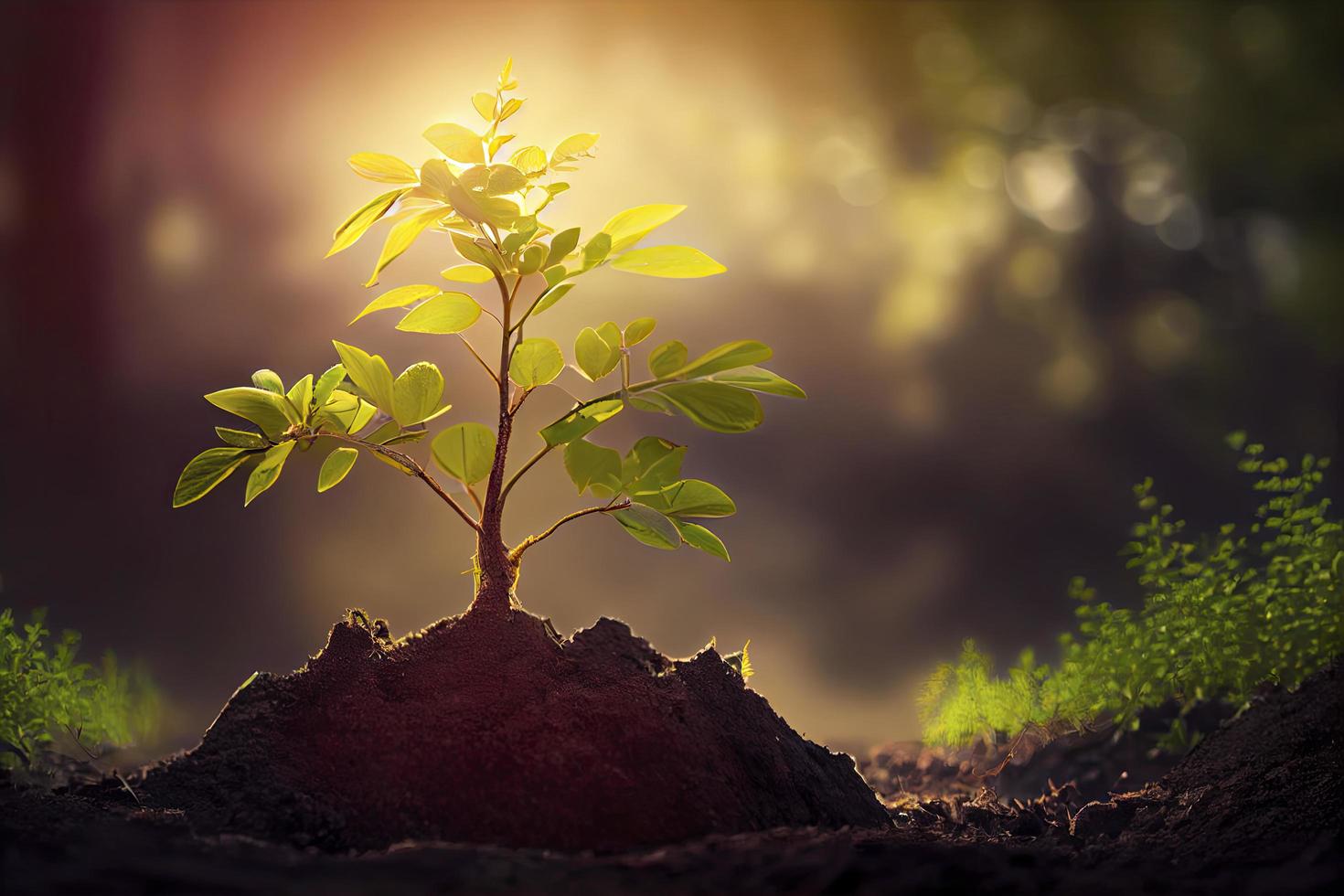 pequena árvore crescendo com sol no jardim. conceito ecológico foto