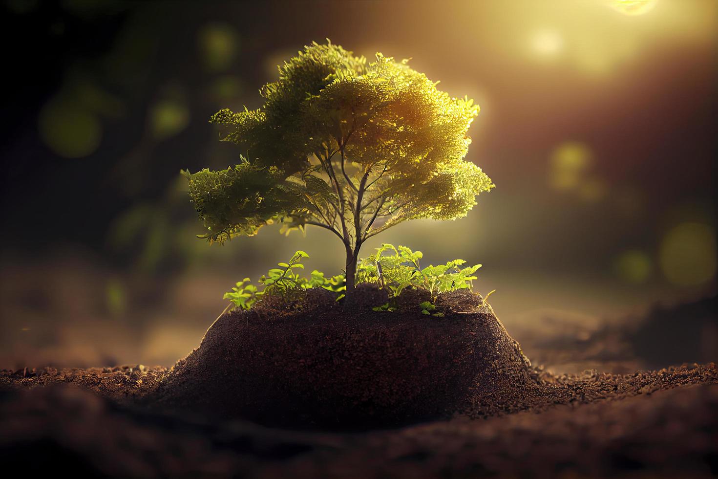 pequena árvore crescendo com sol no jardim. conceito ecológico foto