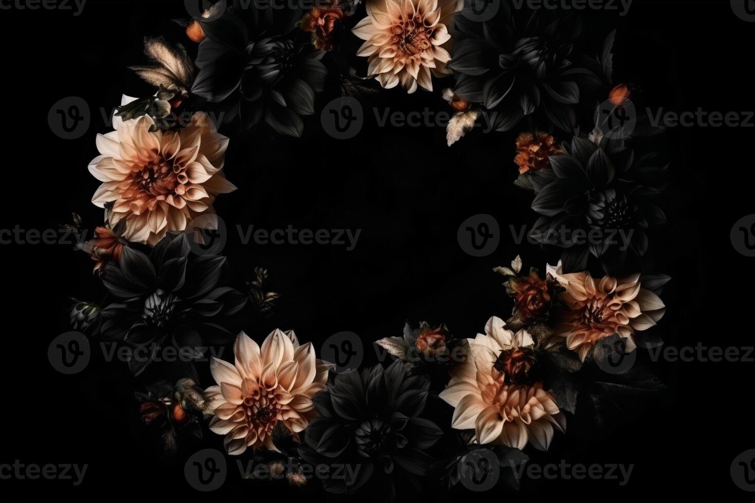 lindo Preto fundo com flores e cópia de espaço. esvaziar espaço para texto. quadro, Sombrio pano de fundo. generativo ai. foto