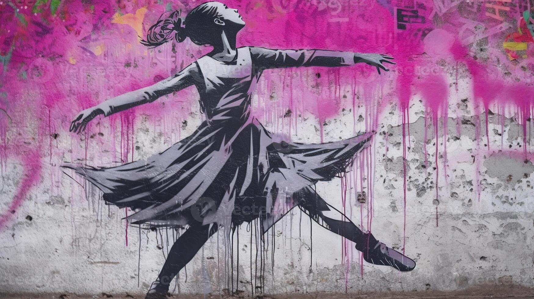 generativo ai, dançando mulher ou garota, dinâmico movimento. tinta pintura colorida salpicos rua grafite arte em uma texturizado papel vintage fundo, inspirado de banksy. foto
