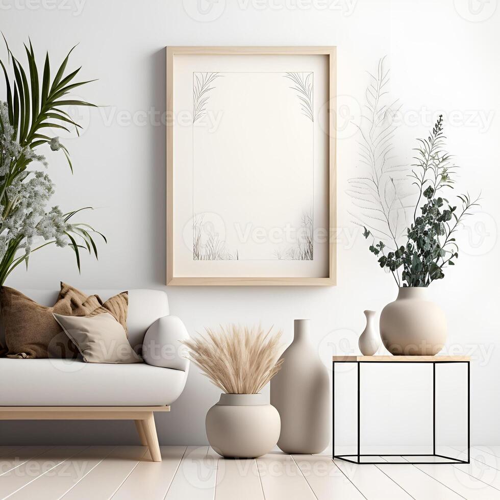 brincar quadro, Armação dentro moderno interior fundo , neutro de madeira vivo quarto com boho vaso estético - ai gerado imagem foto