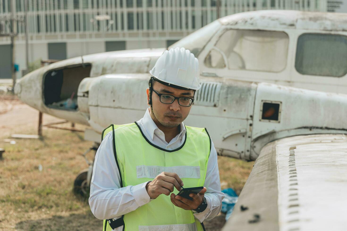 aeronave mecânico examinando avião asa foto