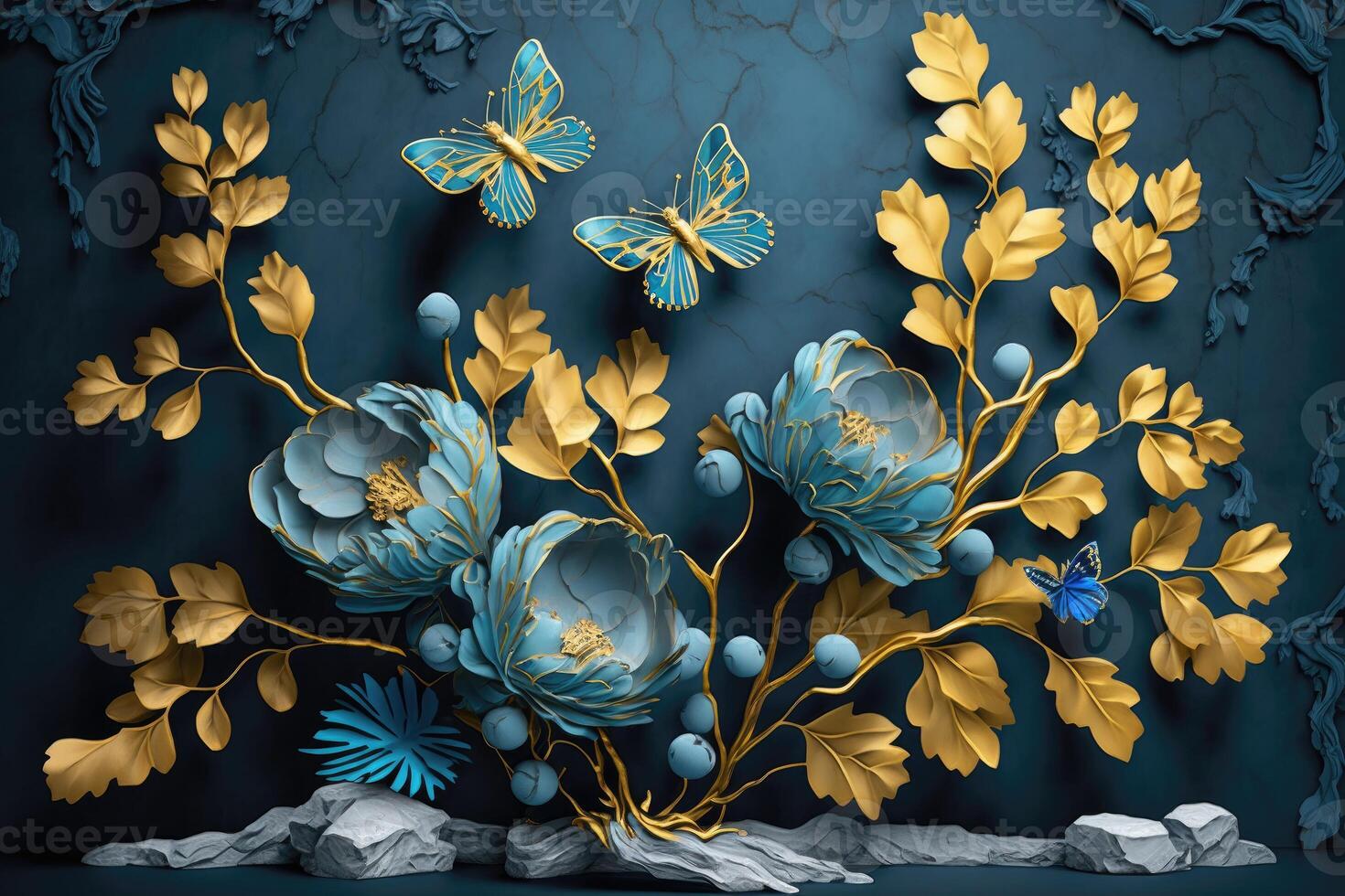 ai gerado 3d papel de parede azul flores com amarelo folhas e borboletas em azul mármore fundo. foto