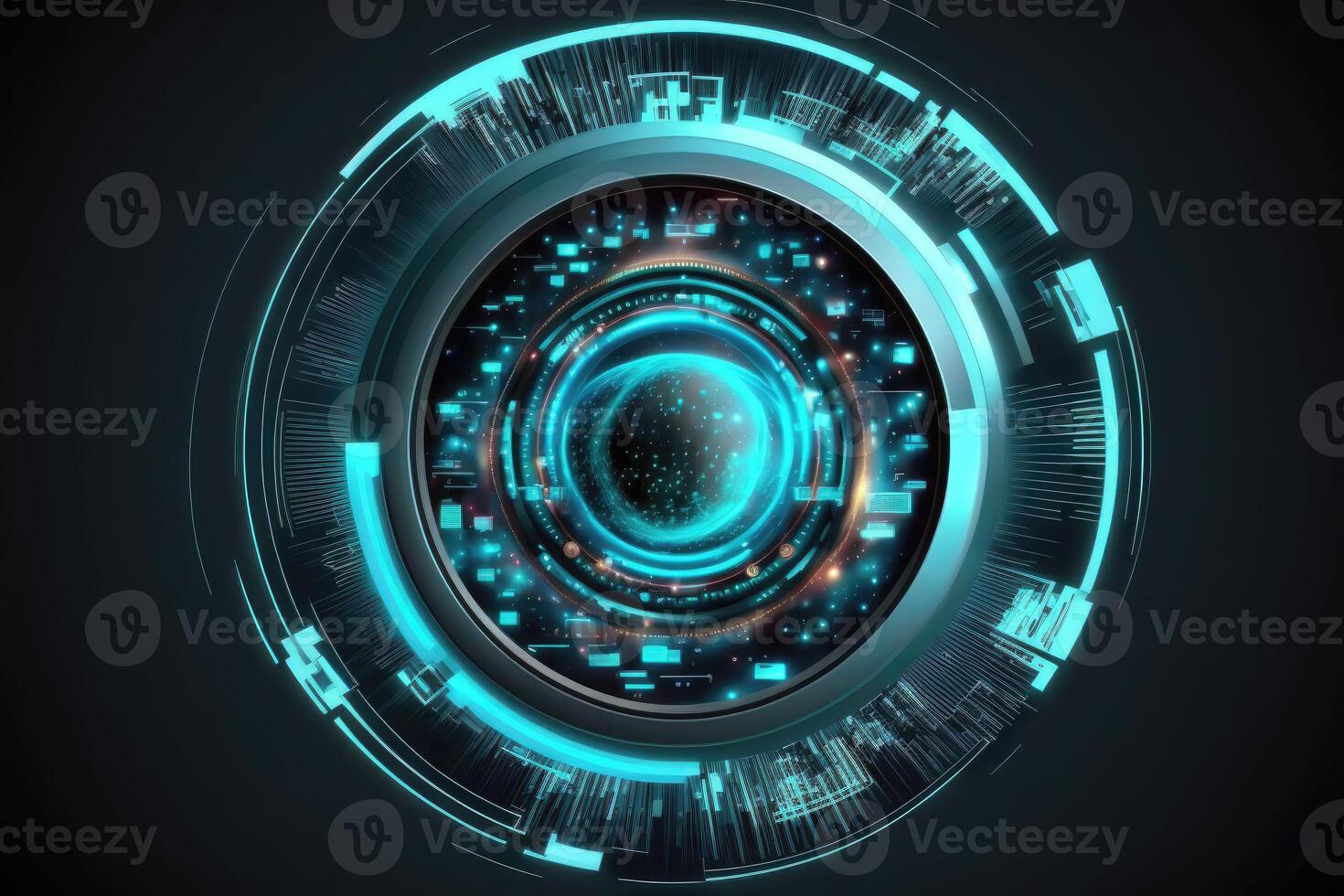 ai gerado futurista tecnologia conceito. circular hud elemento virtual realidade do grande dados. cyber sistema segurança para tecnologia o negócio foto