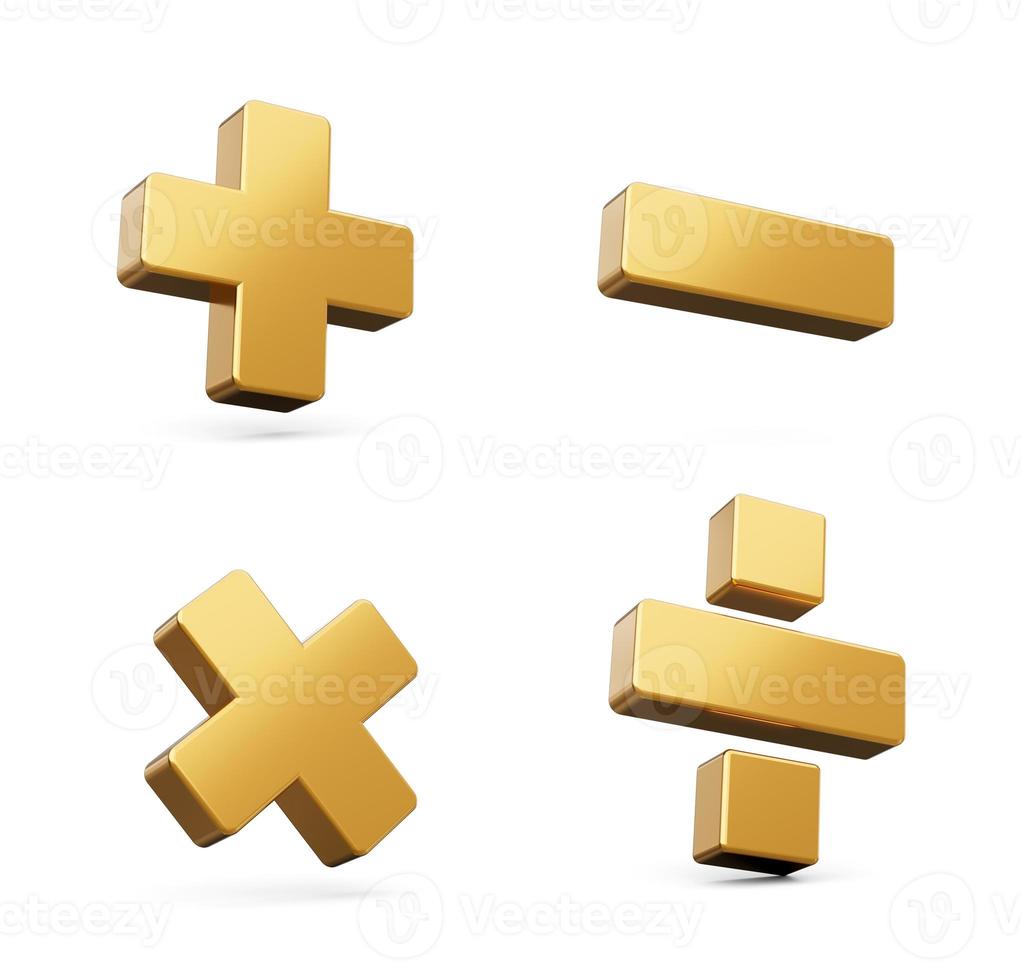 3d dourado brilhante mais, menos, multiplicar e dividir placa isolado em branco fundo, 3d ilustração foto
