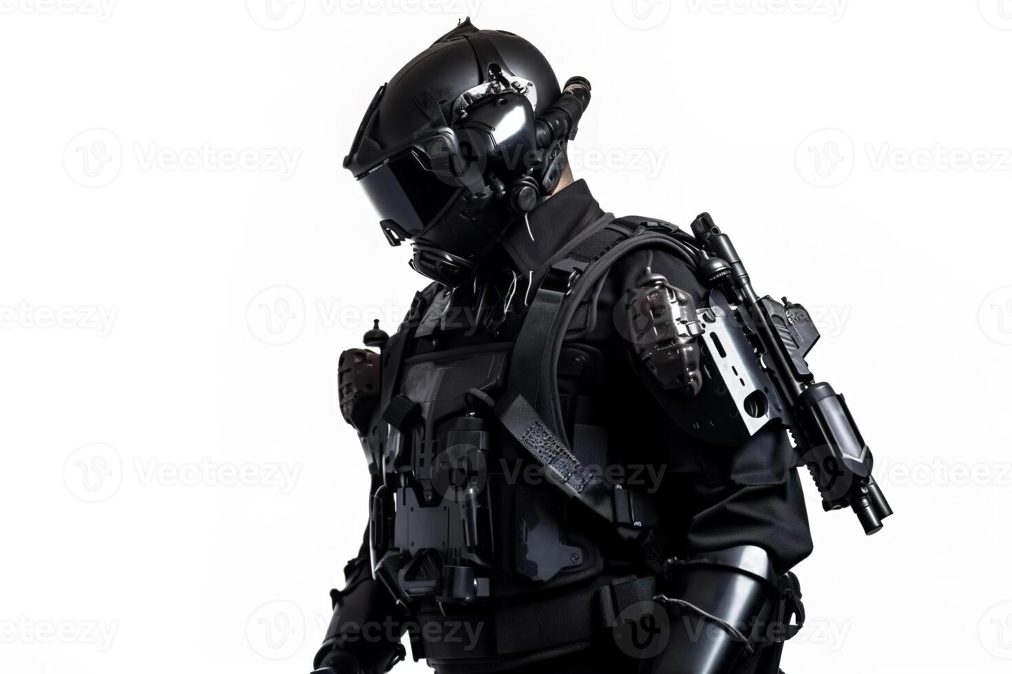 uma protótipo do uma moderno Preto militares polícia uniforme para especial unidades. a conceito do futurista militares soluções mostra a futuro do armamentos. ai gerado foto