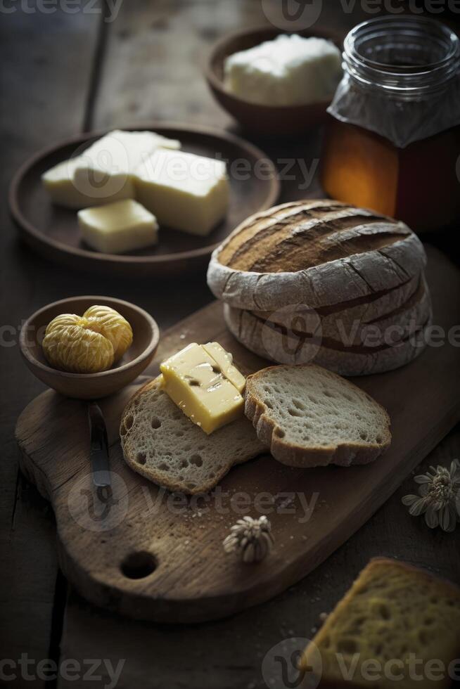 sortimento do pão, queijo, manteiga e querida para café da manhã, em rústico mesa. generativo ai foto