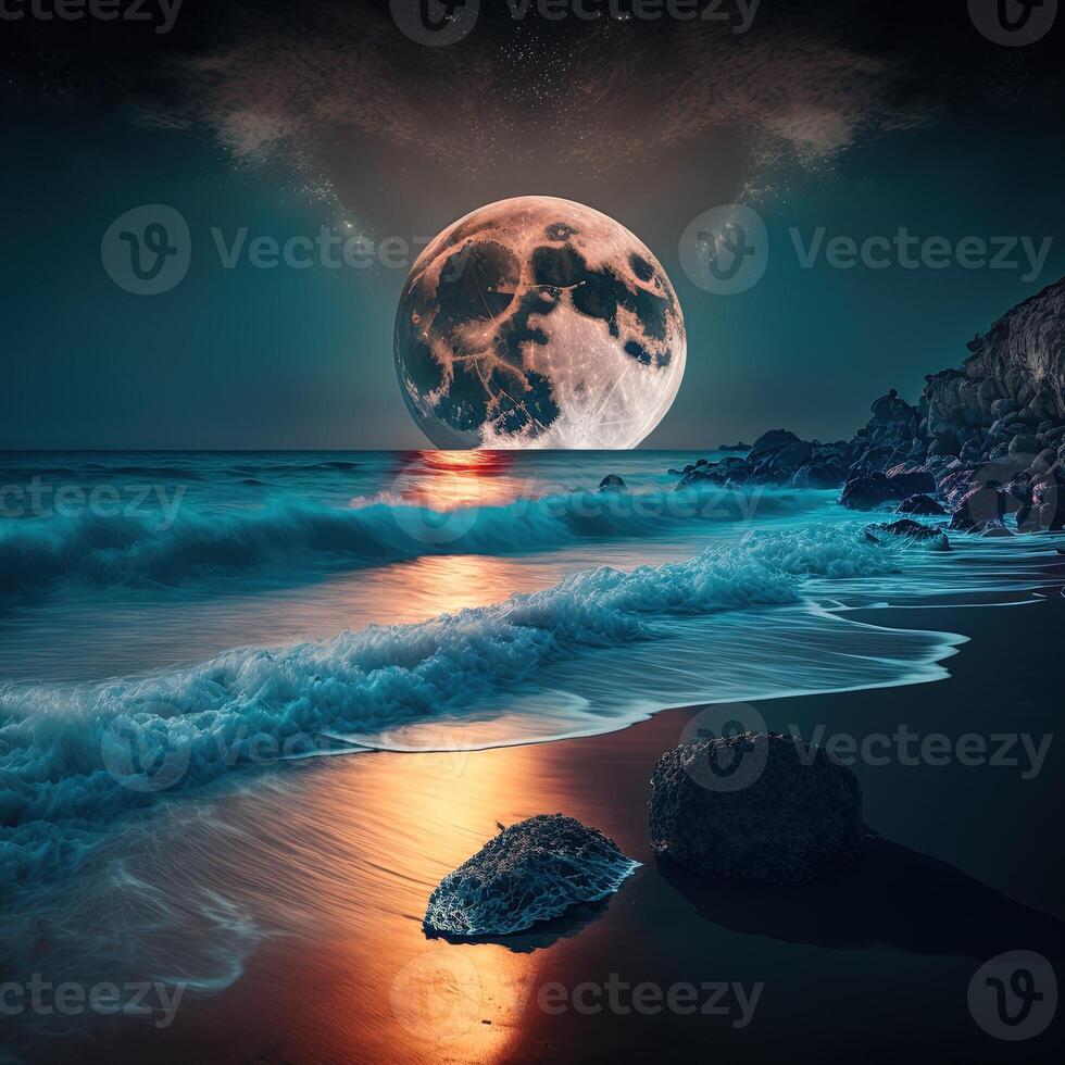 ilustração mágico lua subir em a oceano fez com generativo ai foto
