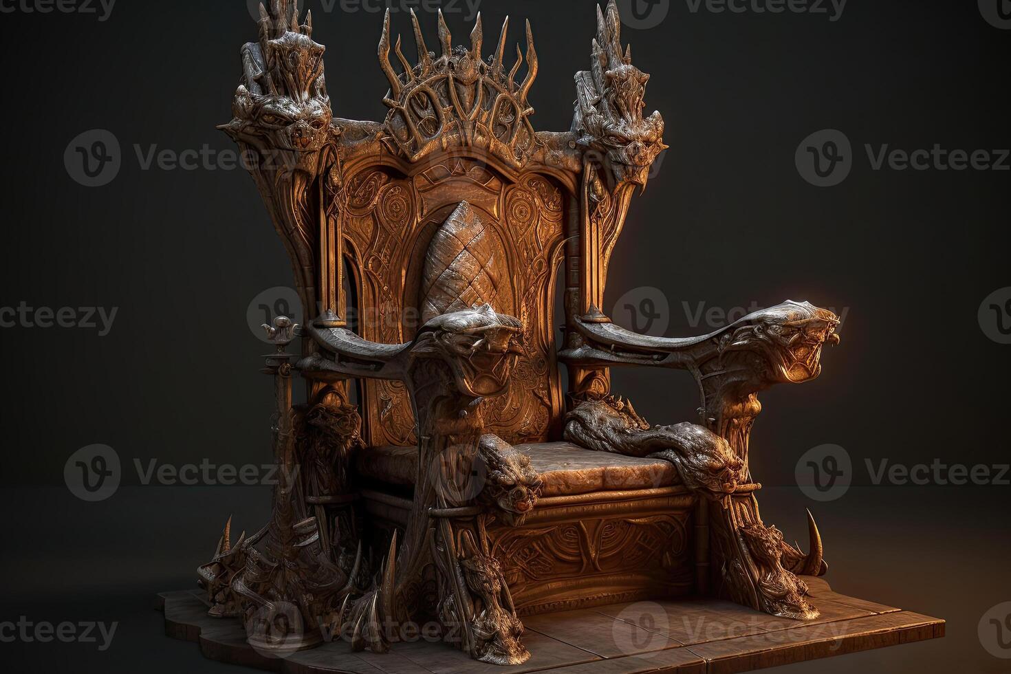 esvaziar real trono dentro Sombrio castelo corredor. fantasia medieval trono para rei. criada com generativo ai foto