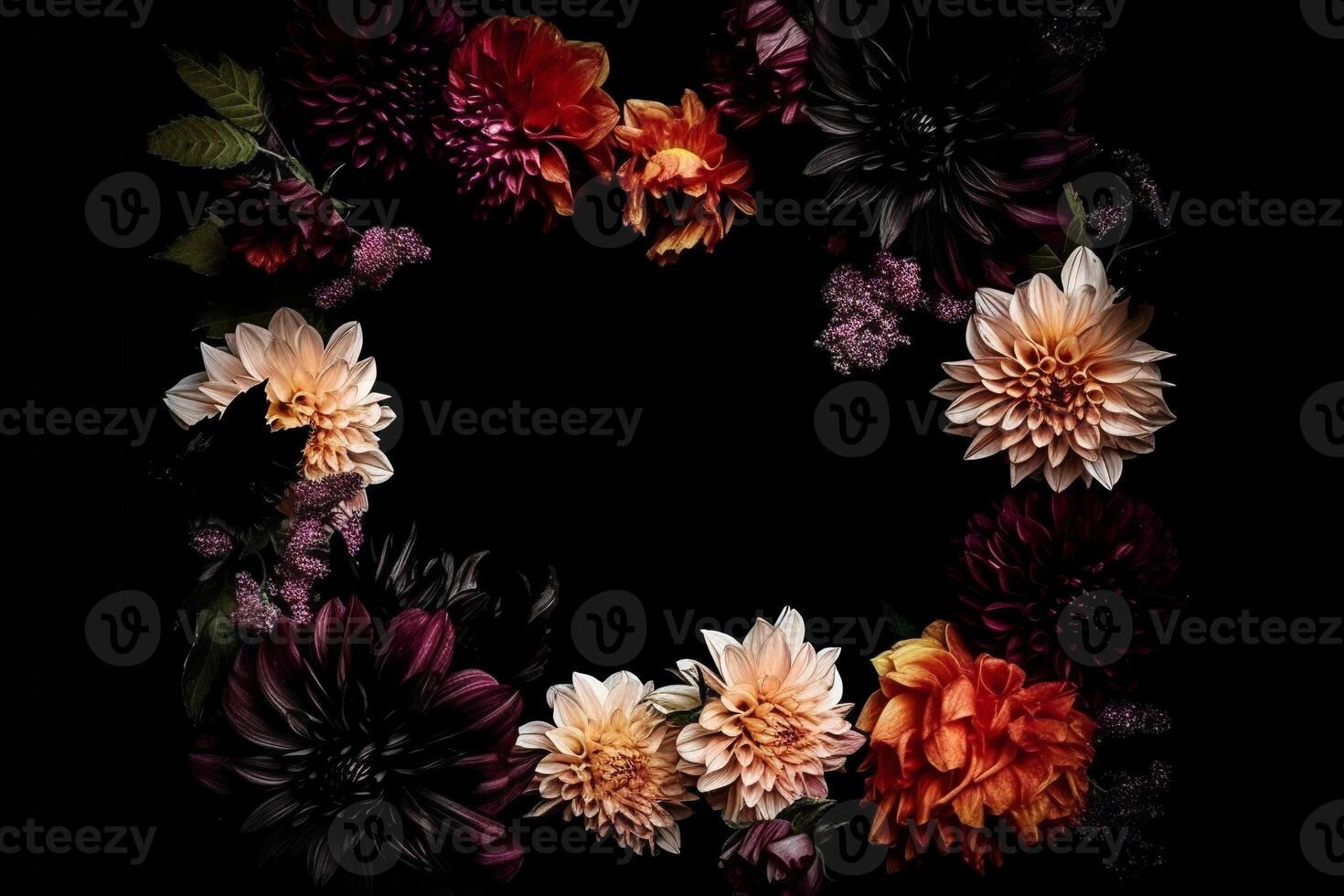 lindo Preto fundo com flores e cópia de espaço. esvaziar espaço para texto. quadro, Sombrio pano de fundo. generativo ai. foto