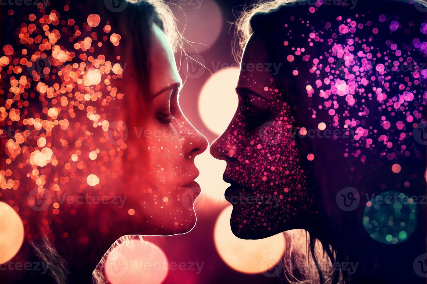 dois mulheres estão se beijando. lindo luz, bokeh efeito. dia dos namorados dia, amar. lgbt, lésbicas casal, relação. diversidade, homossexualidade. generativo ai. foto