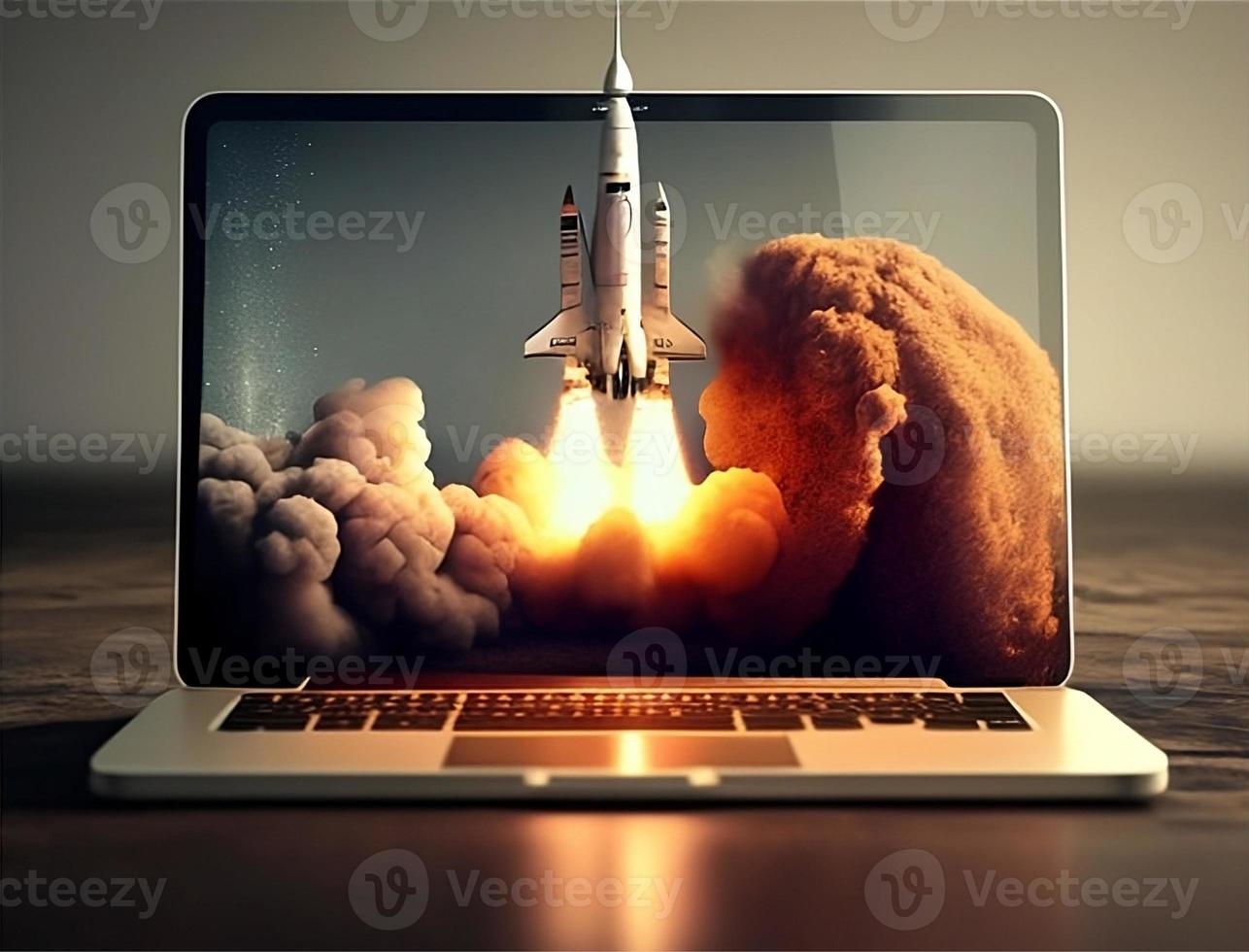 uma computador portátil tela com uma foguete levando fora com generativo ai foto