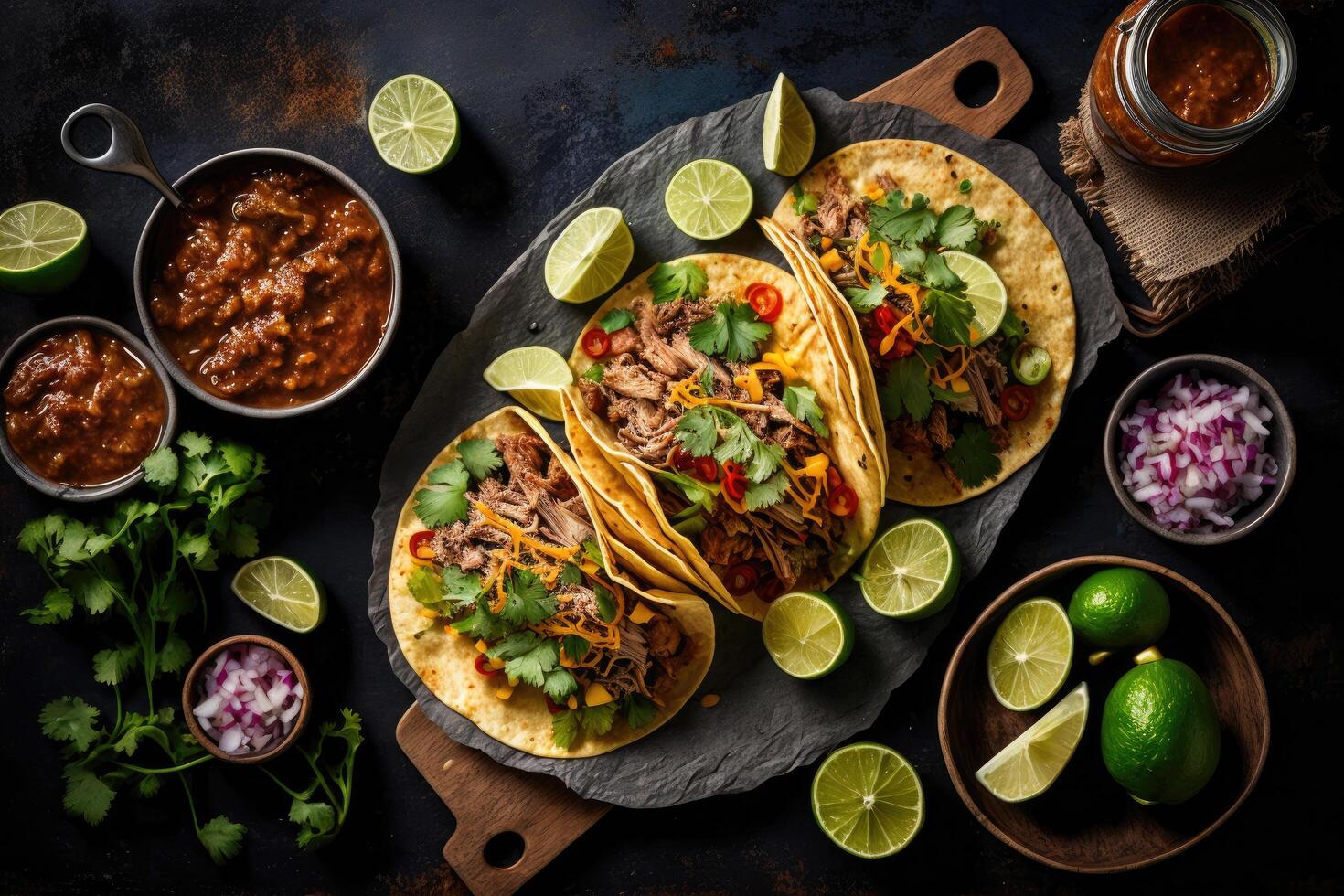 mexicano carne de porco carnitas tacos. ilustração ai generativo foto