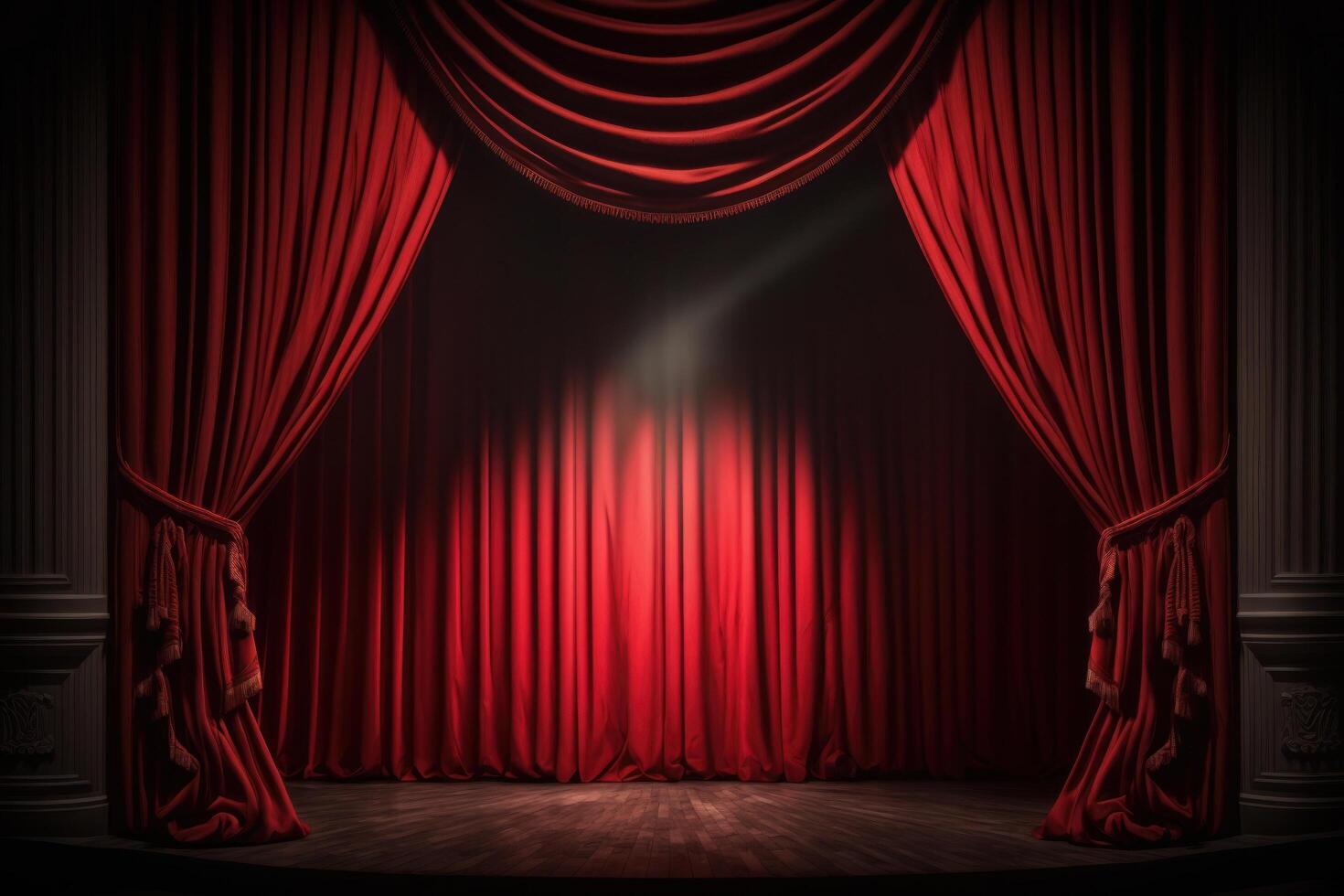 Magia teatro etapa vermelho cortinas mostrar Holofote. ilustração ai generativo foto