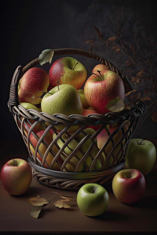 maduro mão escolhido maçãs dentro uma fruta cesta. ilustração ai generativo foto