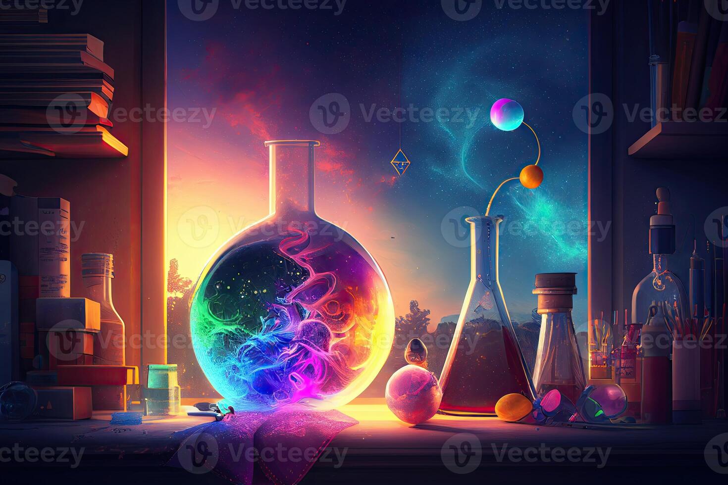 Ciência fundo ilustração, científico Projeto. frascos, vidro e química, física elementos. generativo ai foto