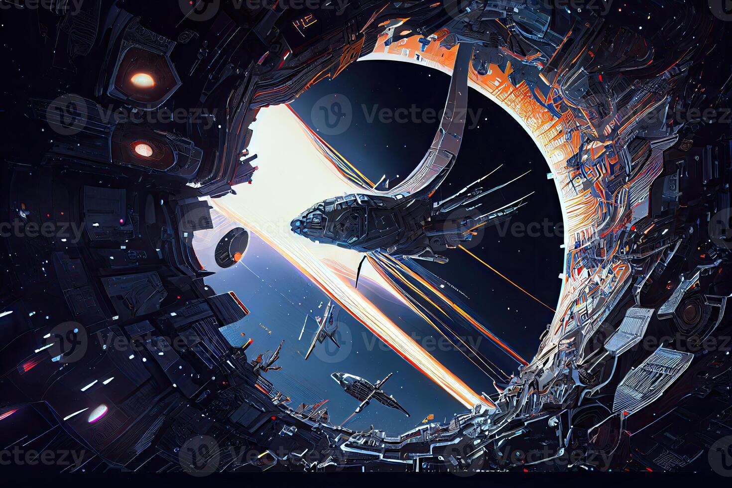 espaço estações e futurista navios vôo Próximo para planetas e espaço objetos, cosmos pano de fundo generativo ai foto