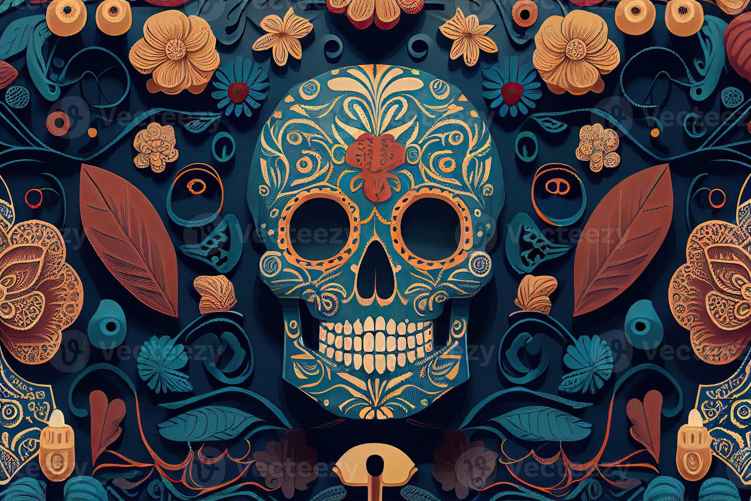 dia de los muertos fundo dia do a morto arte decoração, ossos crânio flor enfeite feriado papel de parede, generativo ai foto