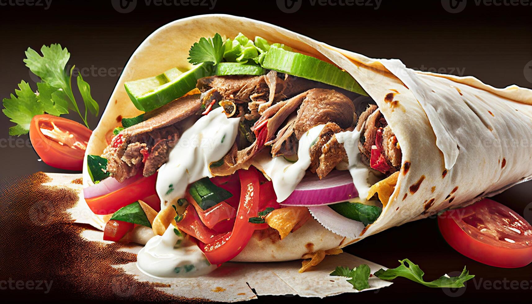 saboroso doador Kebab shawarma lista embrulho ilustração. generativo ai Comida foto