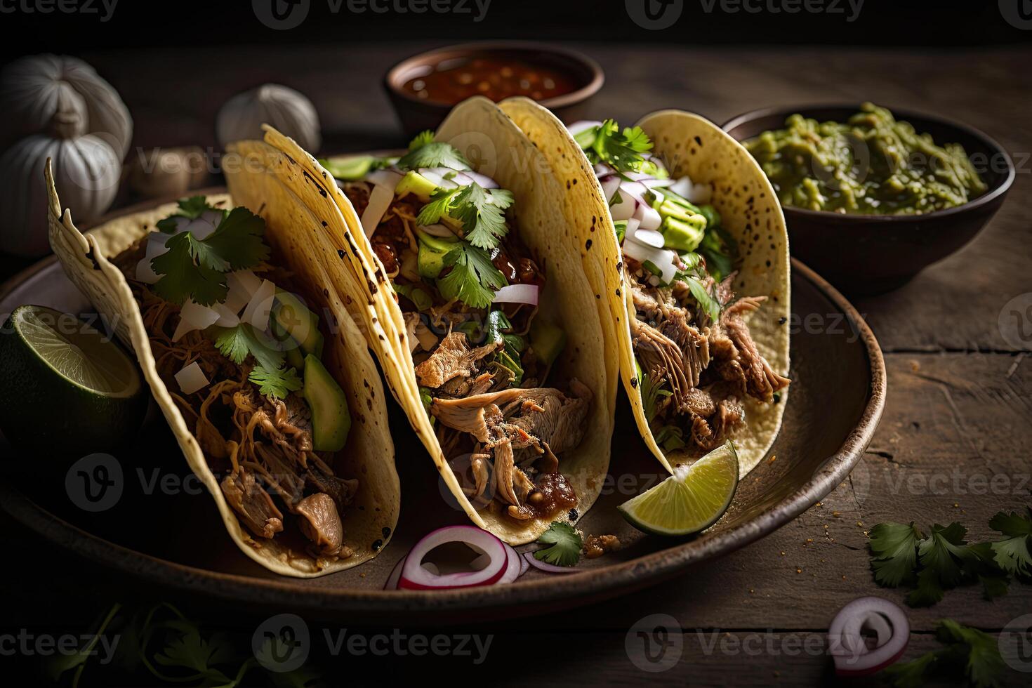 três carne de porco carnitas rua tacos dentro amarelo milho tortilla. ilustração ai generativo foto