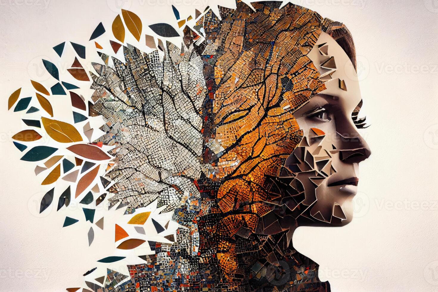 mulher face fez a partir de árvore folhagem e céu, mosaico retrato generativo ai foto