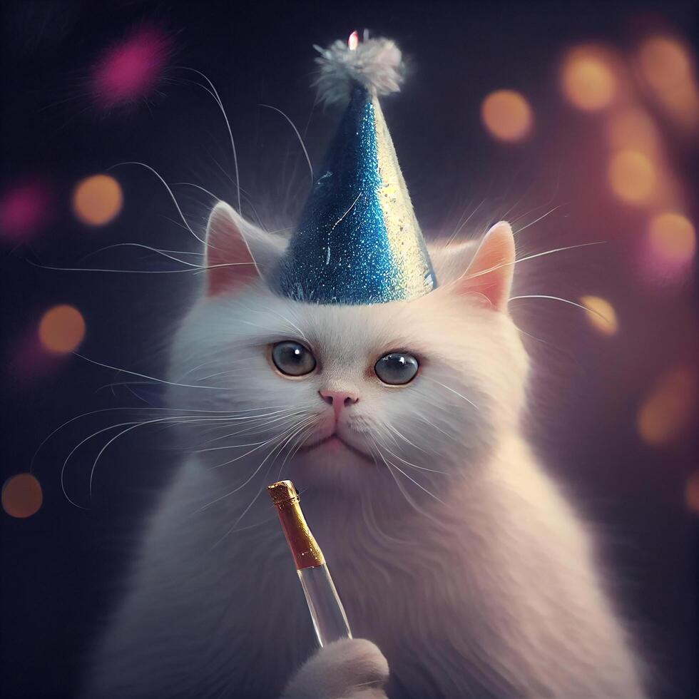 feliz aniversário gato com champanhe garrafa. generativo ai foto