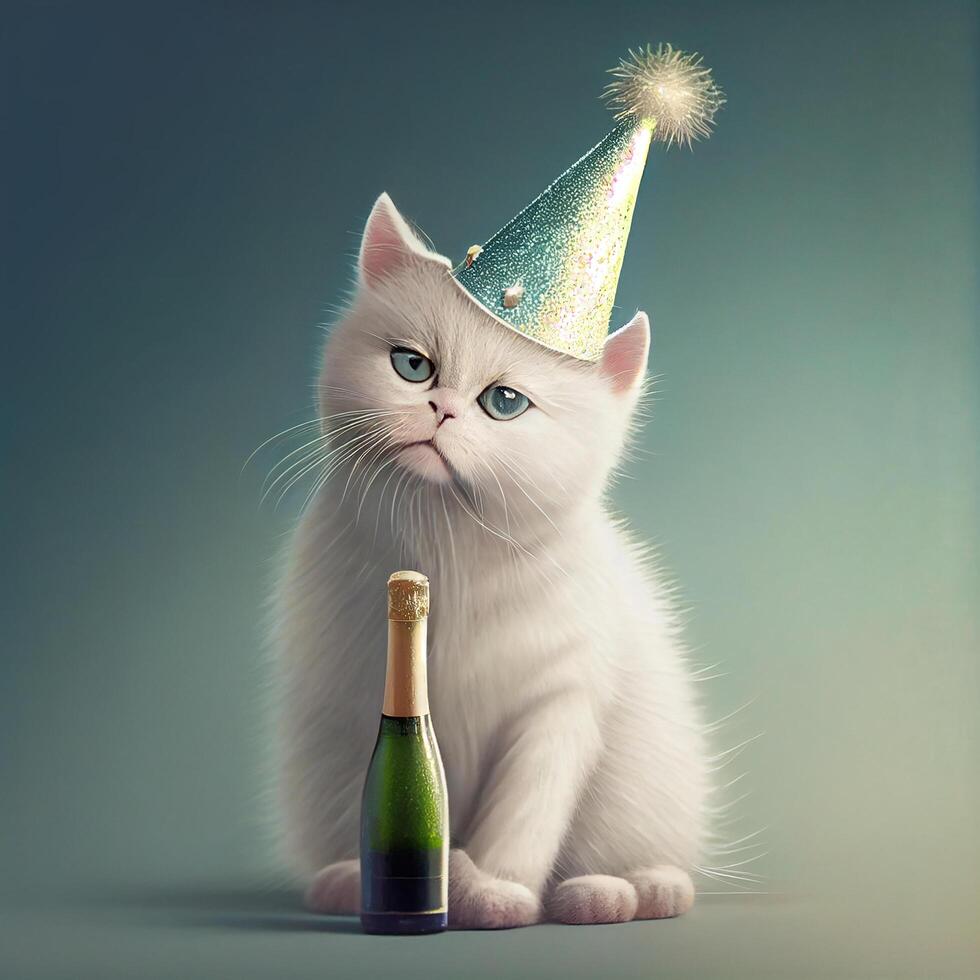 feliz aniversário gato com champanhe garrafa. generativo ai foto