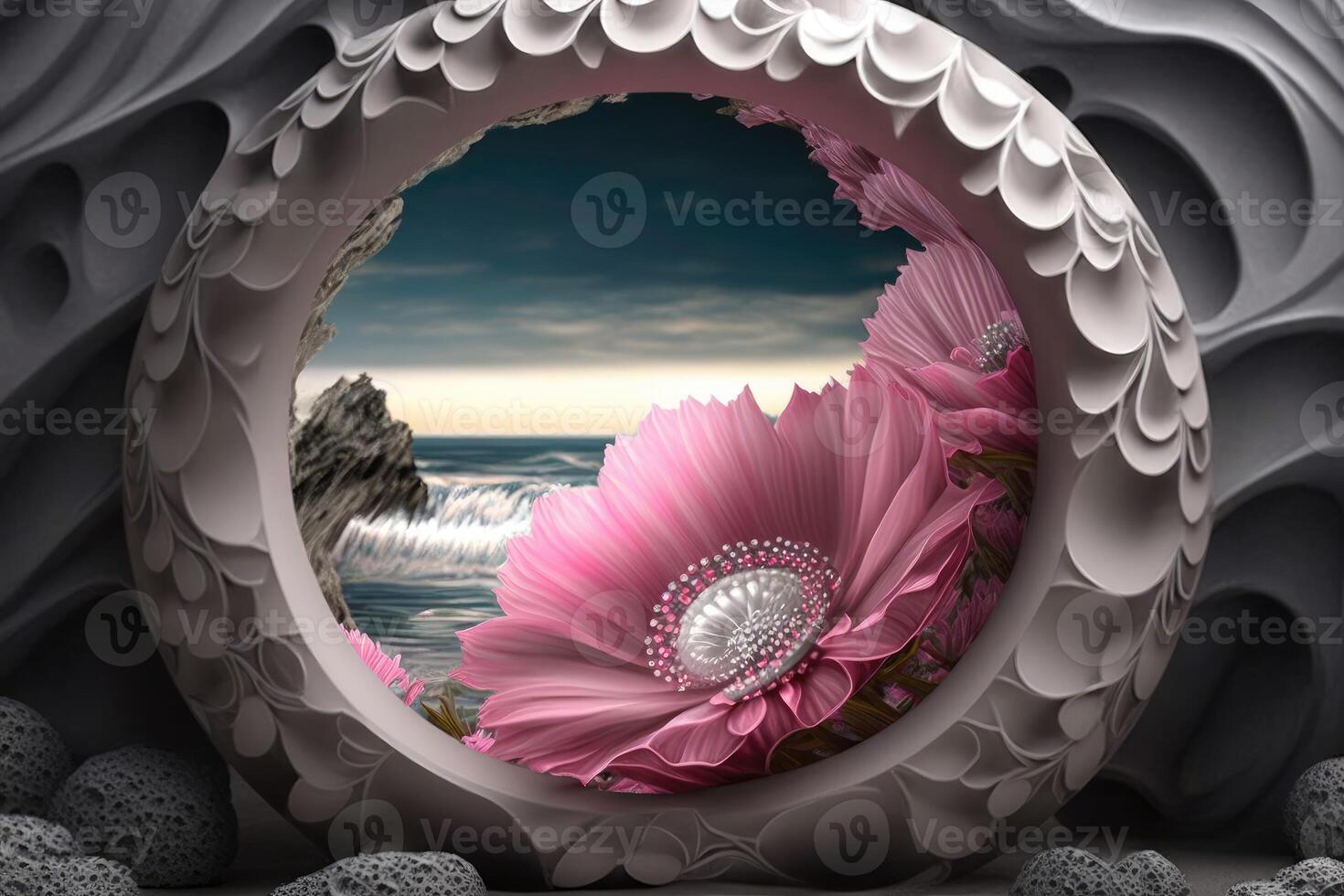 ai gerado papel de parede Rosa joalheria flores em cinzento túnel em mar fundo. foto