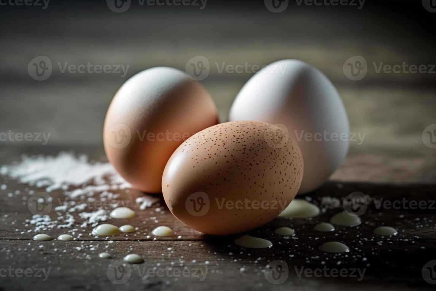 frango ovos, Castanho e branco ovos em uma mesa. ovos pronto para estar usava com farinha e trigo dentro receita em a mesa. tipos do ovos usava dentro bolo preparação e vários receitas. foto