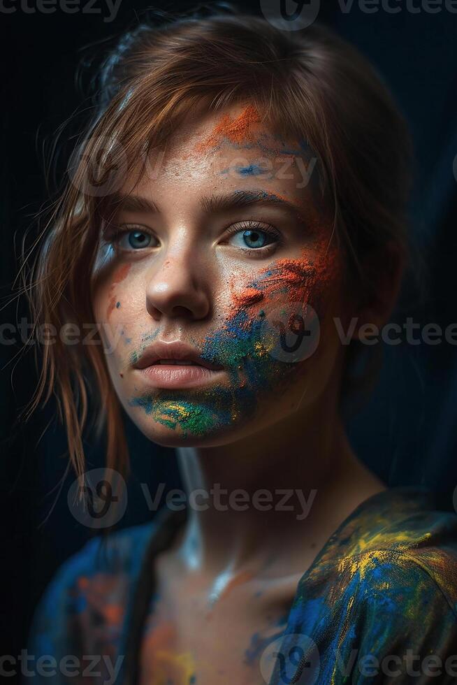 jovem mulher com multicolorido pintura em face foto