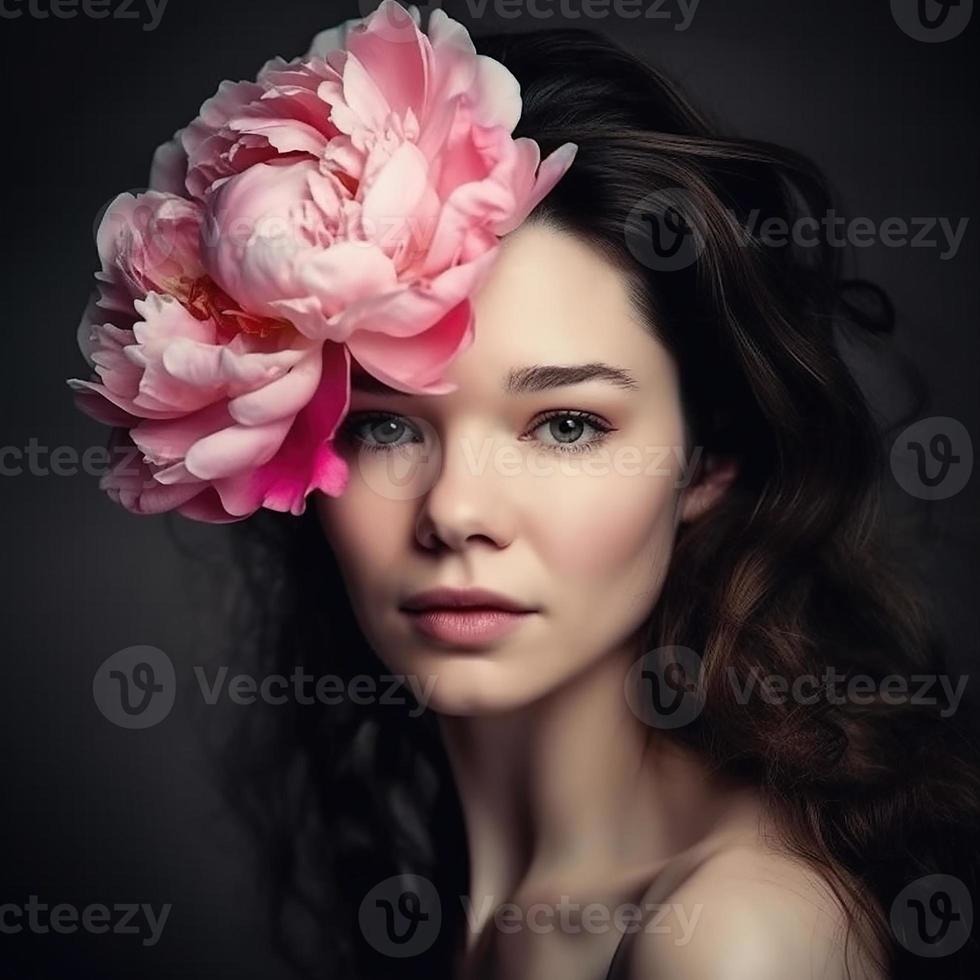 lindo mulher com peônia flores dentro dela cabelo foto