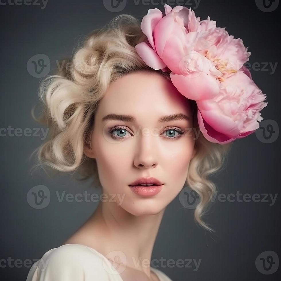 lindo mulher com peônia flores dentro dela cabelo foto