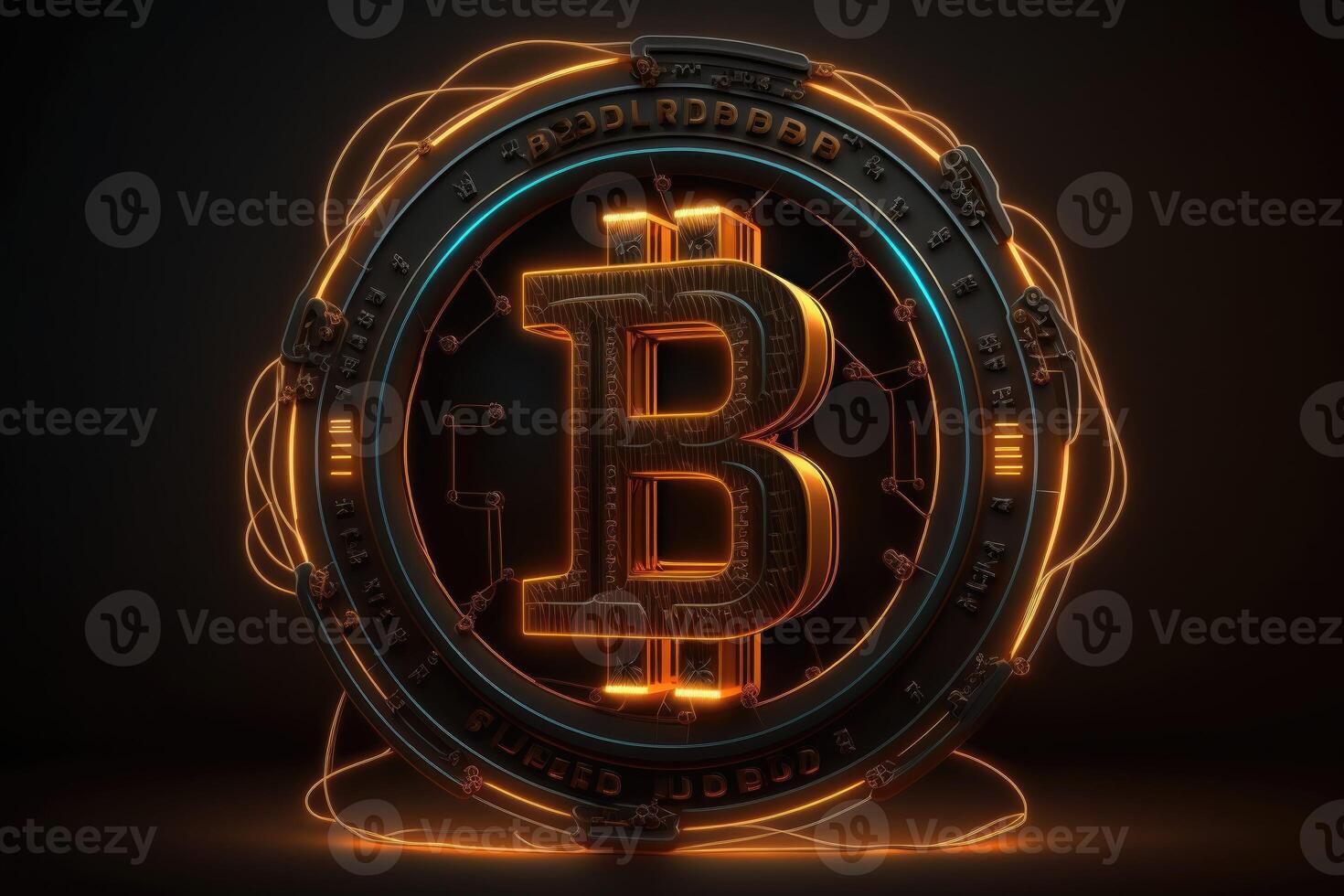 ai gerado 3d ultra realista bitcoin logotipo com néon claro. blockchain tecnologia e criptomoeda conceito. foto