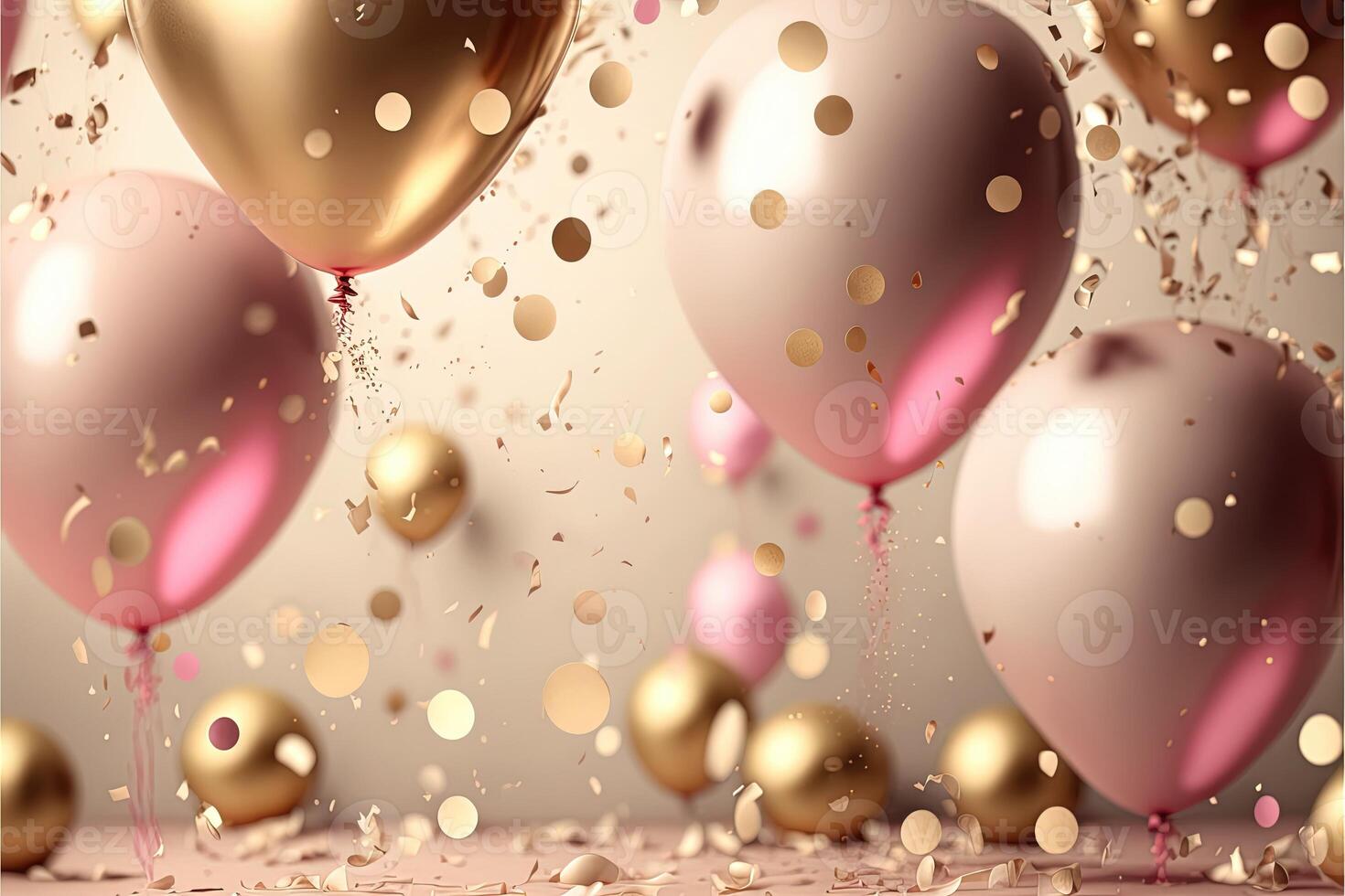 feriado cumprimento fundo com Rosa e ouro balões borrado fundo e confete. generativo ai. foto