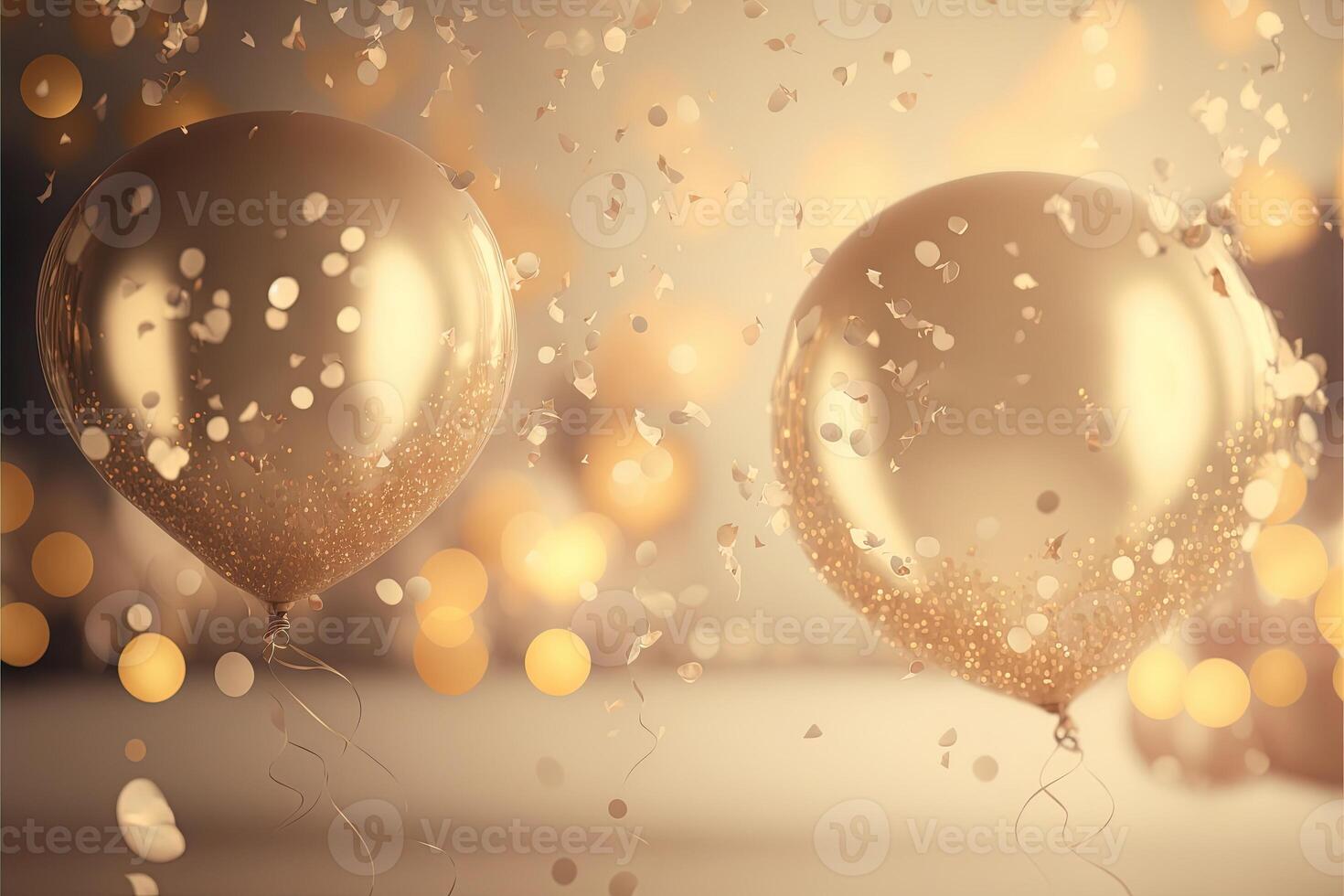 festivo luxo fundo com dourado inflável balões, confete, borrado fundo com bokeh efeito. generativo ai foto