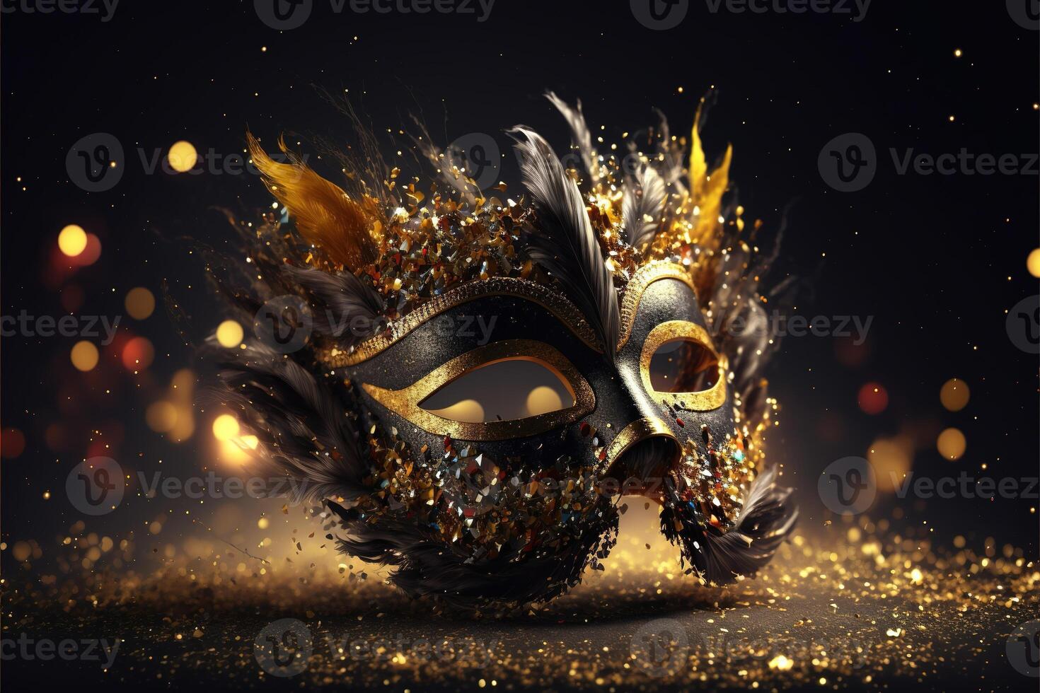 realista festivo fundo com ornamentado mascarada carnaval mascarar, penas, lantejoulas e confete. generativo ai foto