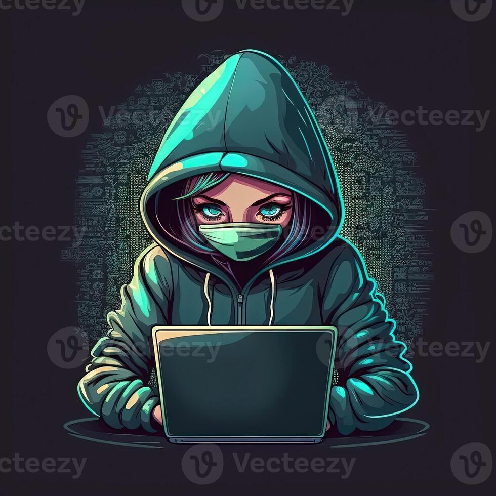 fofa menina hacker com computador portátil. avatar dentro desenho animado estilo. balck pano de fundo. generativo ai foto