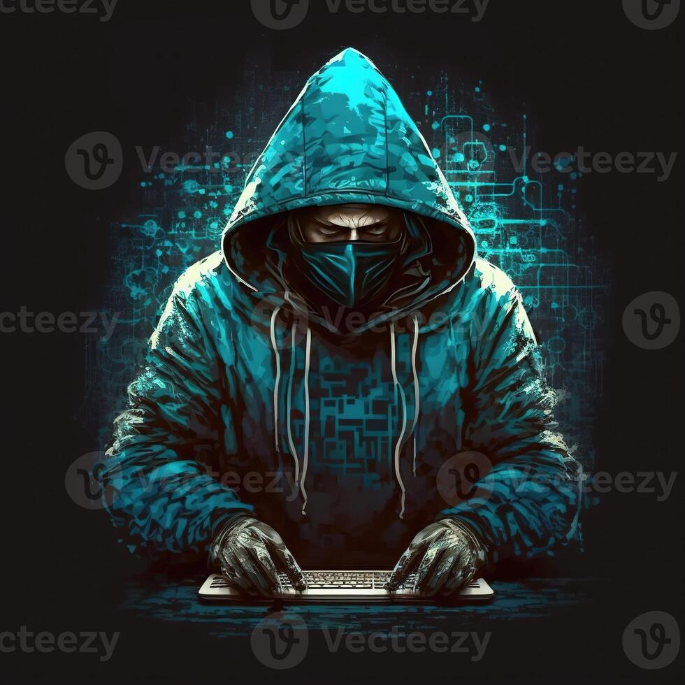 hacker usando Internet para hackear abstrato computador servidor. encapuzado atacante dentro computador portátil rouba pessoal dados. azul brilho claro. generativo ai foto