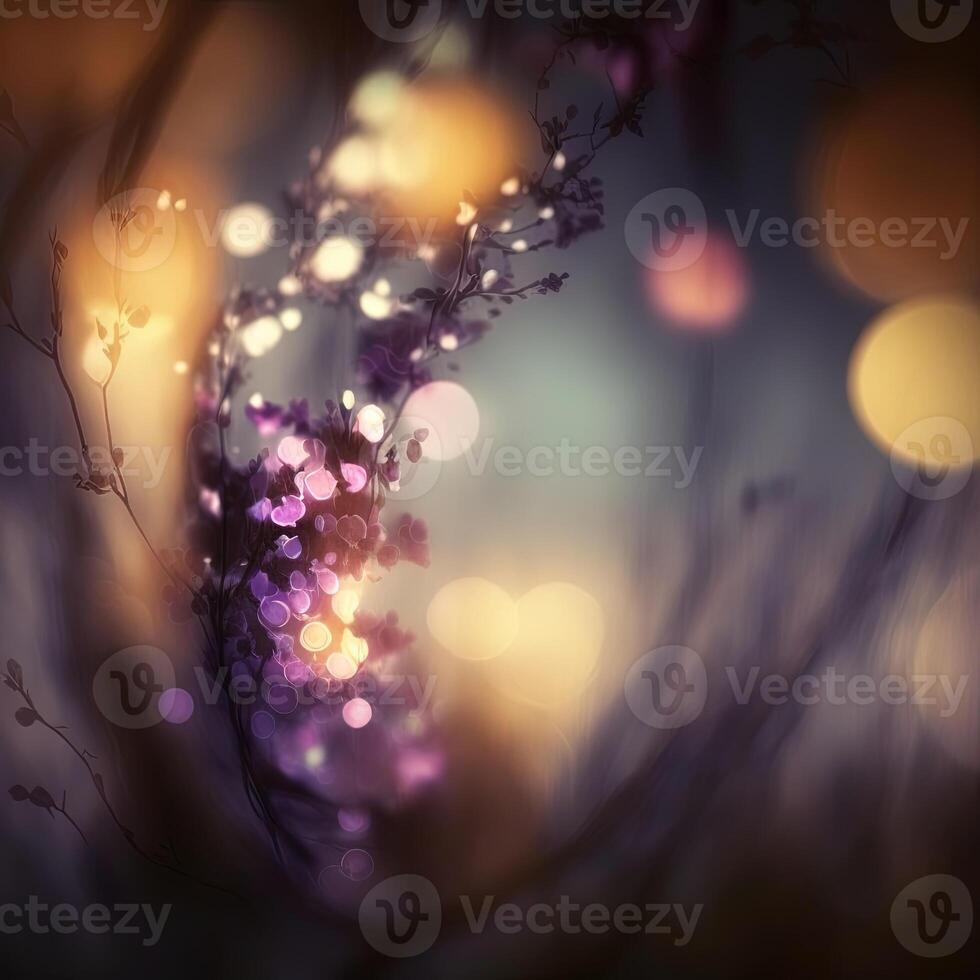 abstrato fada conto borrado fundo com flor plantar elementos e bokeh luzes. ai gerado. foto
