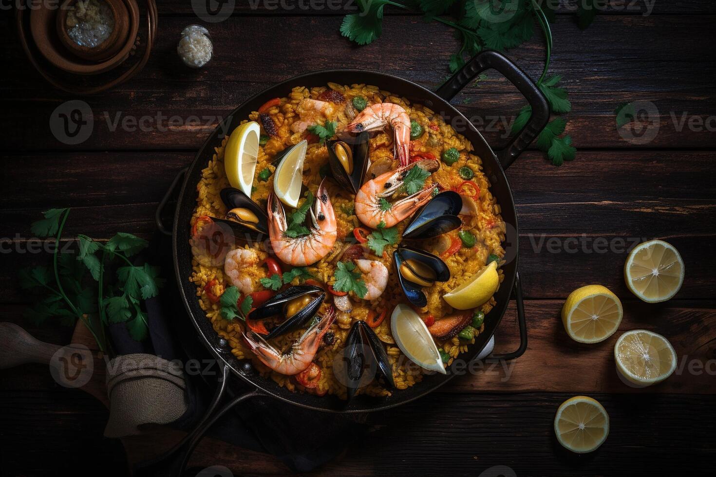 tradicional espanhol paella com frutos do mar com limões dentro Preto wook. topo visualizar. gerado ai. foto