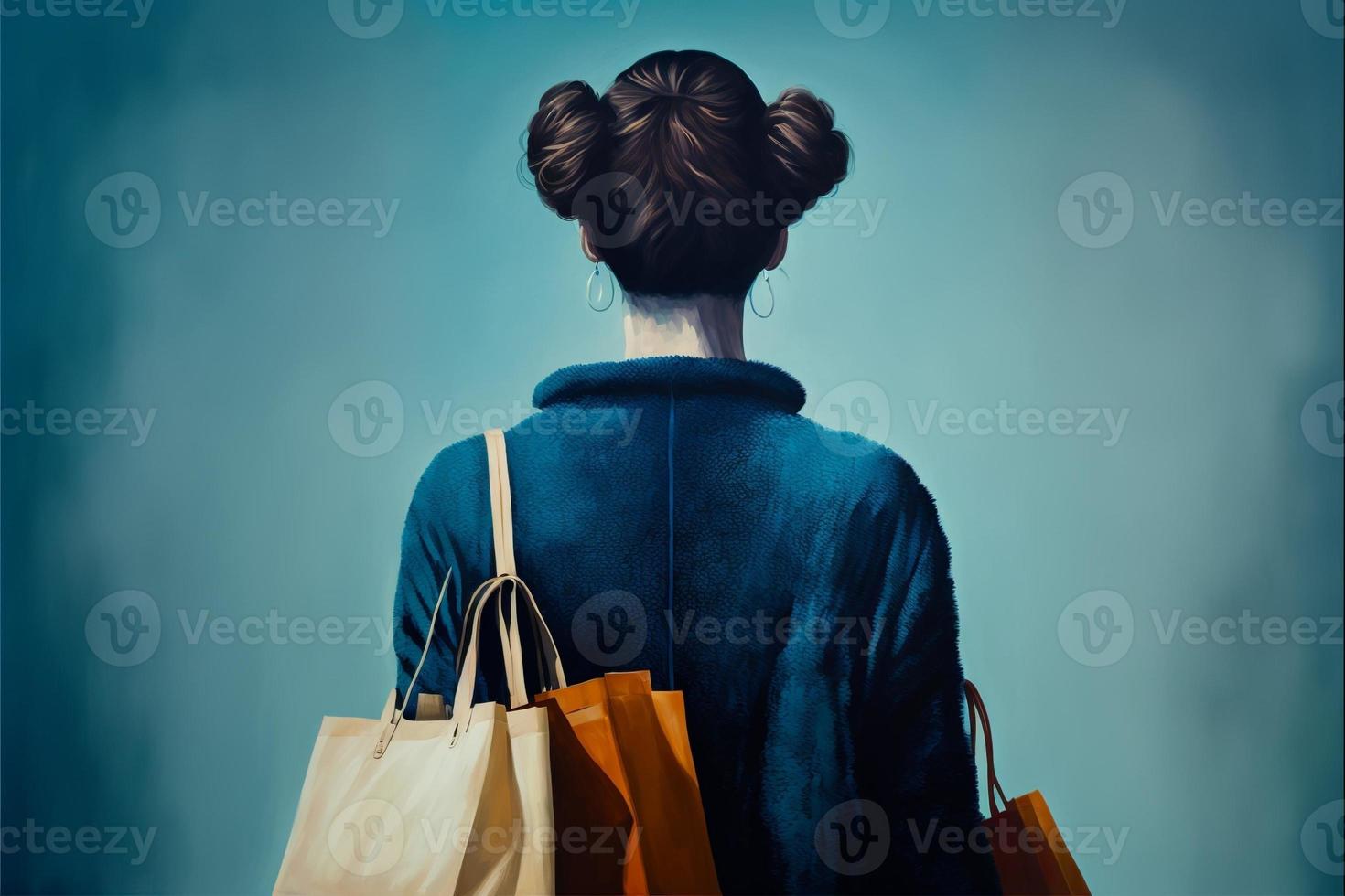 mulher a partir de a costas com compras bolsa, azul fundo. ai foto