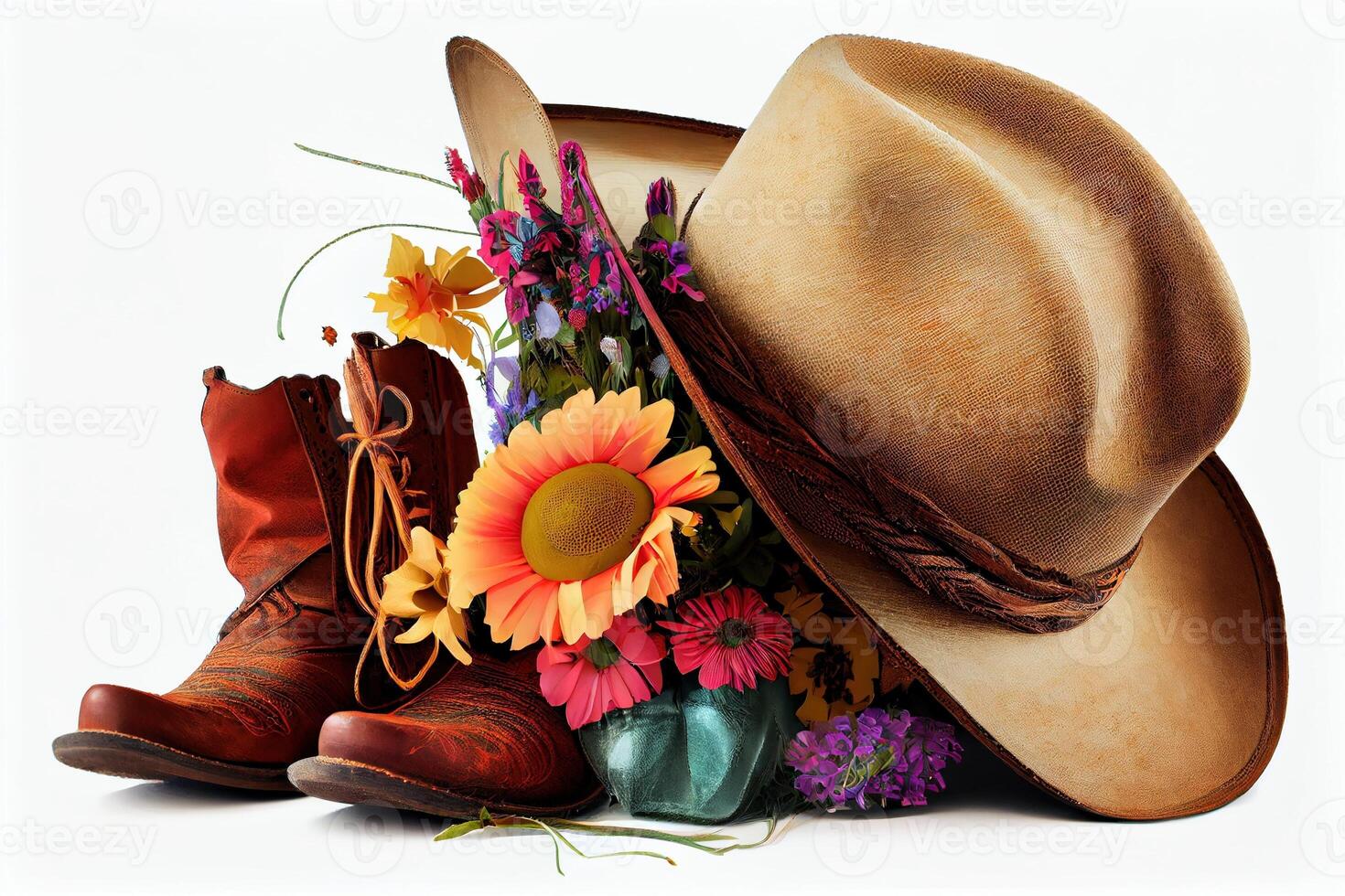 vaqueiro botas, chapéu, e flores para a vaqueira. generativo ai. digital arte ilustração foto