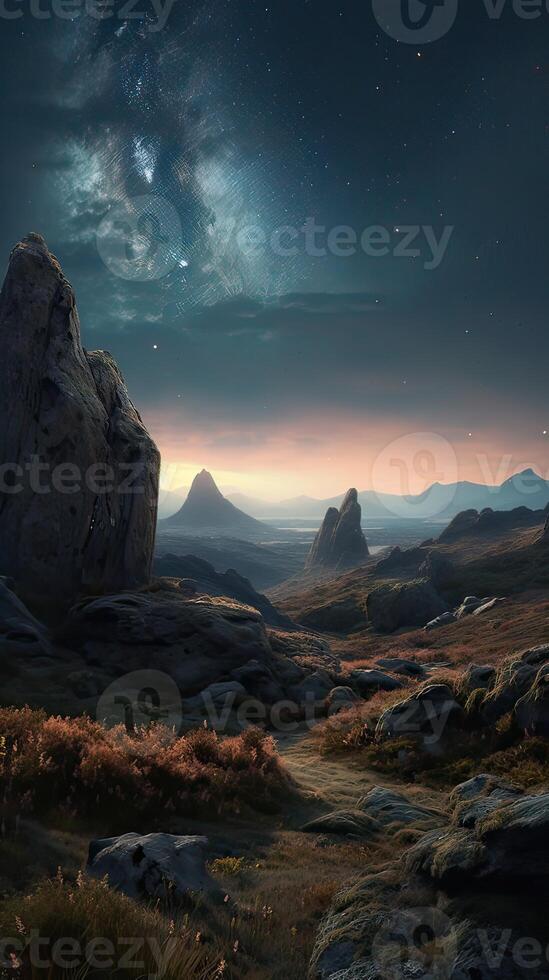 leitoso caminho e montanhas às noite. lindo panorama com brilhante leitoso caminho arco, rochoso caminho, estrelado céu às noite dentro Nepal. trilha dentro montanha vale, céu com estrelas. generativo ai foto
