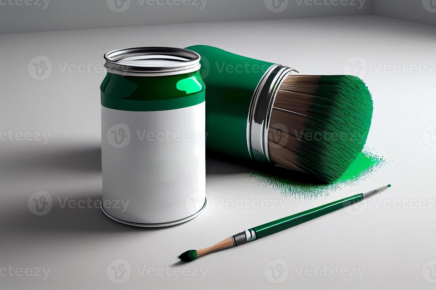 verde pintura e escova dentro uma branco quarto para pintura a paredes ilustração generativo ai foto