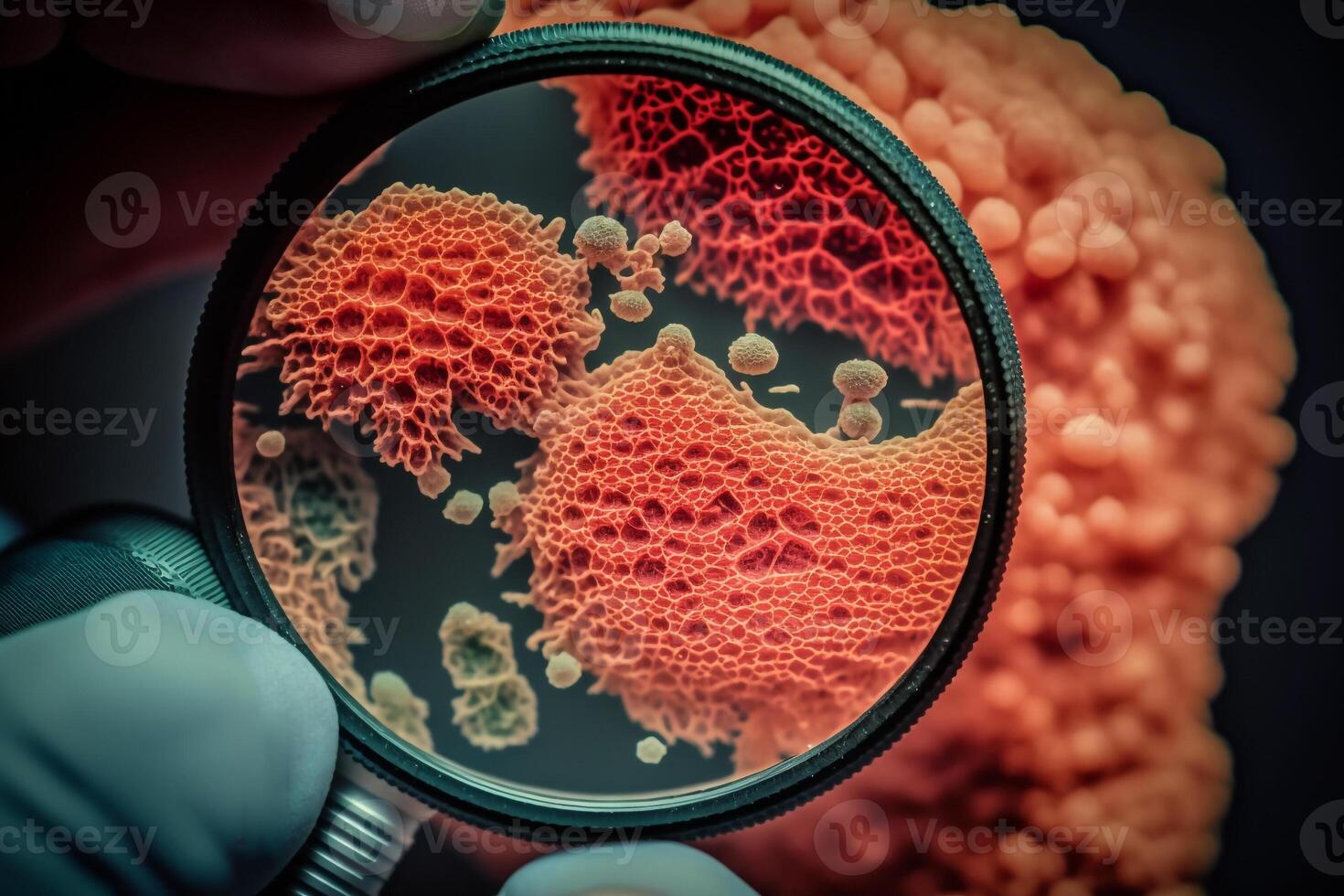 avermelhado erupção cutânea em a pele através uma microscópio ampliação vidro generativo ai foto