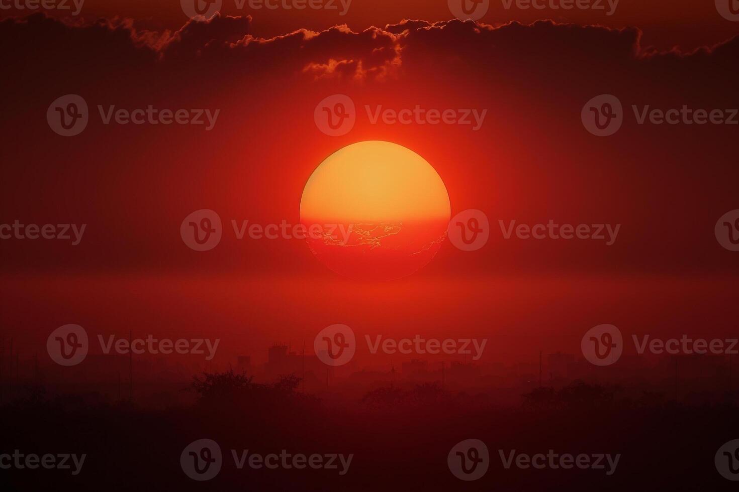 quente clima quente vermelho Sol em a horizonte generativo ai foto