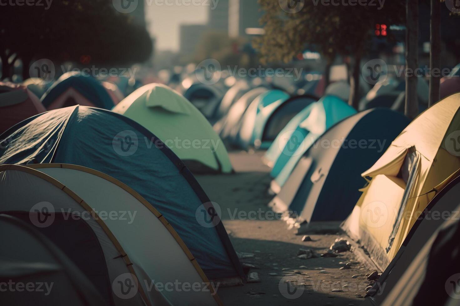 refugiado acampamento tendas ilustração generativo ai foto